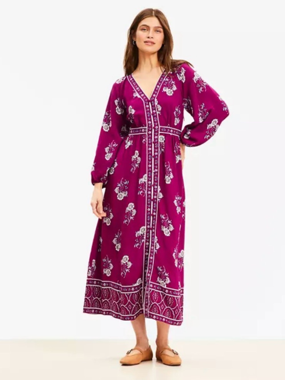 LOFT Floral Puff Sleeve Button Midi Dress in Plum Caspia
